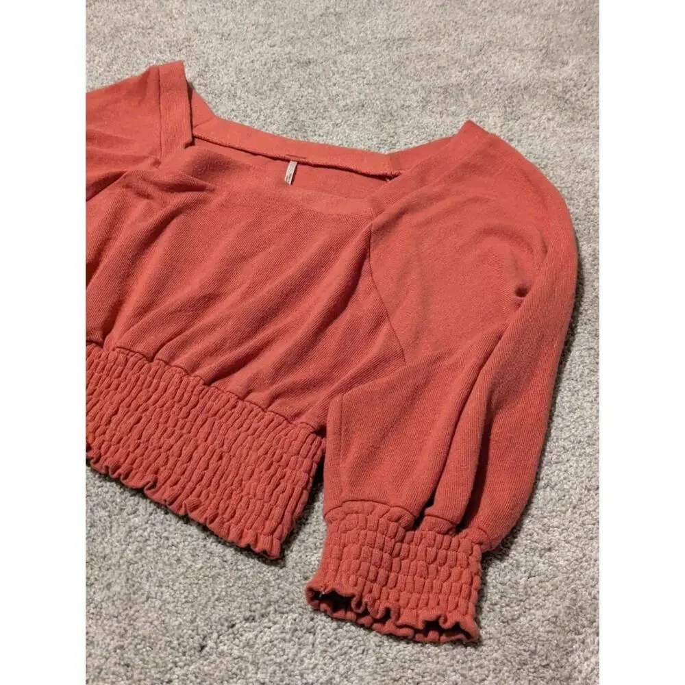 Free People Smocked Waist Orange Blouse Womens size small